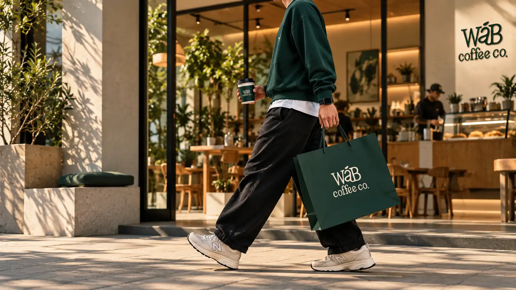 Carrying a WÁB Coffee Co. bag past a green wall